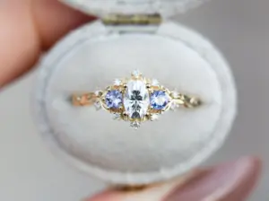 briar rose three stone with oval moissanite and round tanzanite (fairy queen ring)