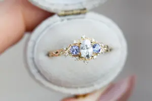 briar rose three stone with oval moissanite and round tanzanite (fairy queen ring)
