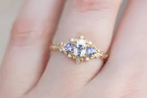 briar rose three stone with oval moissanite and round tanzanite (fairy queen ring)