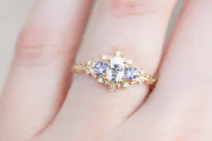 briar rose three stone with oval moissanite and round tanzanite (fairy queen ring)