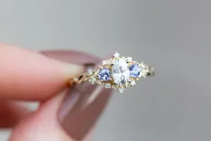 briar rose three stone with oval moissanite and round tanzanite (fairy queen ring)