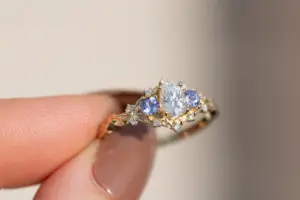 briar rose three stone with oval moissanite and round tanzanite (fairy queen ring)