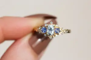 briar rose three stone with oval moissanite and round tanzanite (fairy queen ring)
