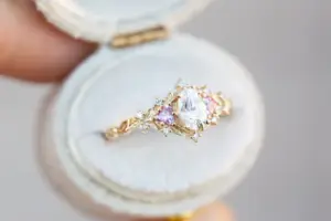 briar rose three stone with oval moissanite and pink sapphire (fairy queen ring)