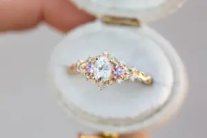 briar rose three stone with oval moissanite and pink sapphire (fairy queen ring)