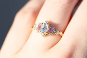 briar rose three stone with oval moissanite and pink sapphire (fairy queen ring)