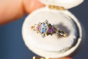 briar rose three stone with oval moissanite and pink sapphire (fairy queen ring)
