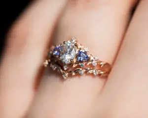 briar rose three stone with oval moissanite and tanzanite (fairy queen ring)