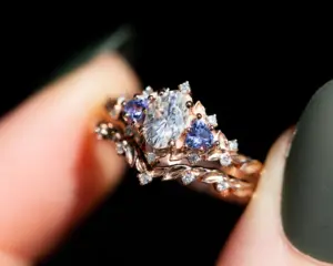 briar rose three stone with oval moissanite and tanzanite (fairy queen ring)