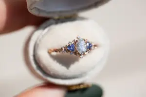 briar rose three stone with oval moissanite and tanzanite (fairy queen ring)