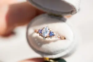 briar rose three stone with oval moissanite and tanzanite (fairy queen ring)