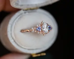 briar rose three stone with oval moissanite and tanzanite (fairy queen ring)