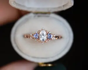 briar rose three stone with oval moissanite and tanzanite (fairy queen ring)