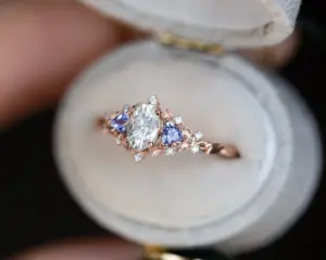 briar rose three stone with oval moissanite and tanzanite (fairy queen ring)