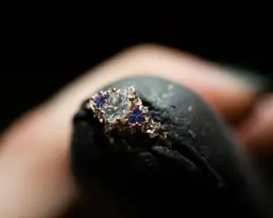 briar rose three stone with oval moissanite and tanzanite (fairy queen ring)