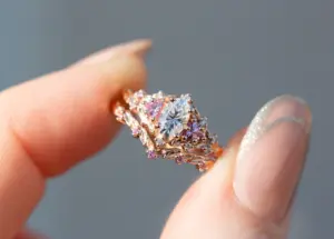 briar rose three stone with oval moissanite and pink sapphire (fairy queen ring)