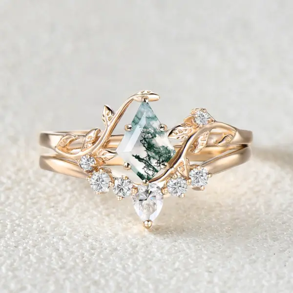 all product nature inspired unique kite cut moss agate leafy bridal ring sets 2pcs willow