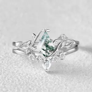 nature inspired unique kite cut moss agate leafy bridal ring sets 2pcs willow