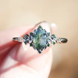 briar halo moon with 7x5mm oval moss agate
