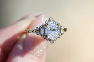 briar rose three stone 1.2ct oval lab diamond with baguette side stones