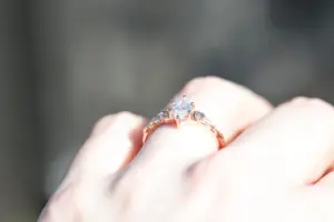crescent moon three stone with 8x4mm marquise lab diamond