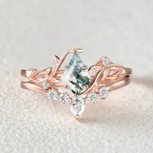 nature inspired unique kite cut moss agate leafy bridal ring sets 2pcs willow