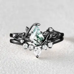 nature inspired unique kite cut moss agate leafy bridal ring sets 2pcs willow
